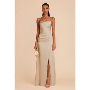 Birdy Grey Lydia Dress Matte Satin Neutral Champagne Medium Long Bridesmaid Cowl